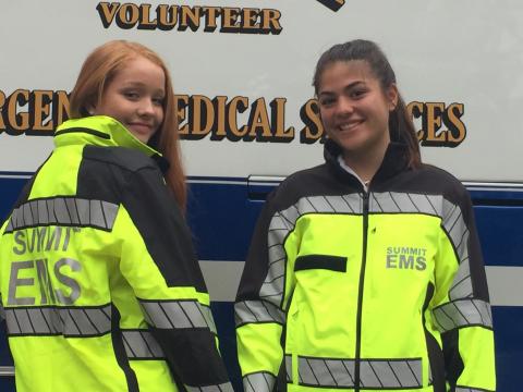 Squad Junior Members  Kaitlin Shimek and Kelly Collins in the new EMS jackets